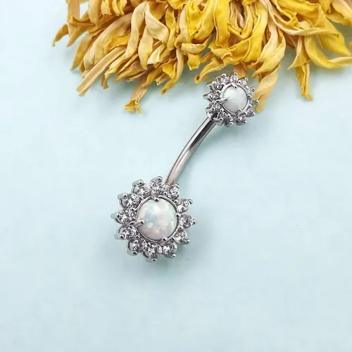 Vista 5 de Excepro Anillos para el ombligo 316L quirúrgico SS 14G blanco azul sol flor CZ ópalo joyería corporal anillos brillantes ombligo