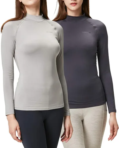 Vista 12 de DEVOPS Paquete de 2 camisetas térmicas de cuello alto de manga larga de compresión para mujer capa base negro / negro