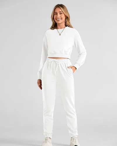 Vista 74 de BTFBM Conjunto deportivo de 2 piezas para mujer, camiseta corta de manga larga, sin botones, pantalón con cordón ajustable, pantalones deportivos