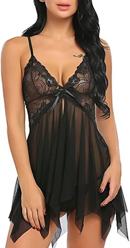 Vista 4 de wodceeke Lencería para mujer, lencería tipo babydoll con cuello en V, malla de encaje transparente, ropa de dormir de peluche, camisón