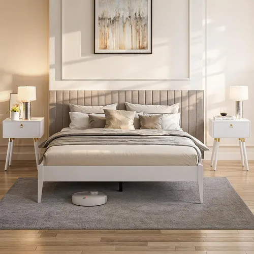 Vista 25 de Bme Dinkee - Marco de cama de plataforma Queen de madera de 15 pulgadas, marco de cama de madera maciza, estilo moderno y minimalista, soporte de 12