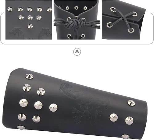 Vista 4 de Jeilwiy Brazaletes vikingos medievales de cuero, brazaletes de armadura de brazo, brazalete de cuero, guantelete punk para hombres y mujeres