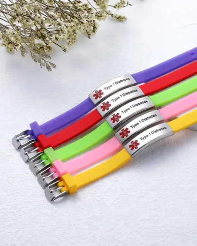 Vista 5 de JF.JEWELRY Pulseras de alerta médica personalizadas, pulsera de silicona para identificación médica para niños y niñas, pulseras médicas grabadas