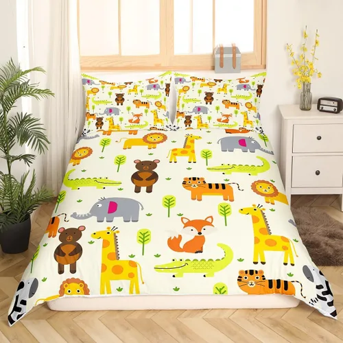 Vista 3 de Erosebridal Juego de ropa de cama individual de animales de la selva para niñas y niños, funda de edredón de elefante oso, tigre, león, safari