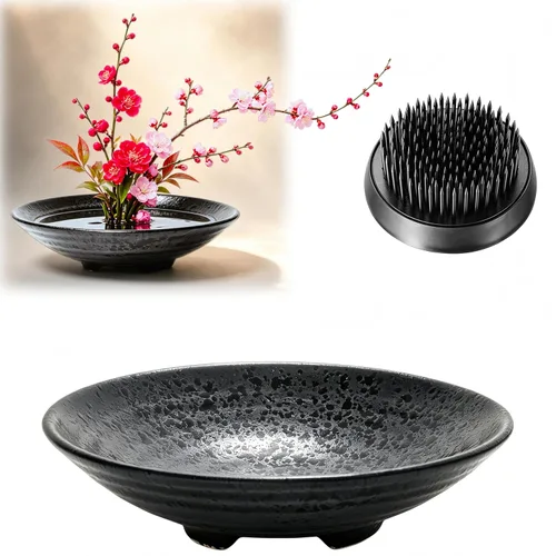 Vista 9 de Kit de jarrón Ikebana - Juego de cuenco de rana floral, jarrón de cerámica de inspiración japonesa con rana floral metálica, cuenco soporte de tallo