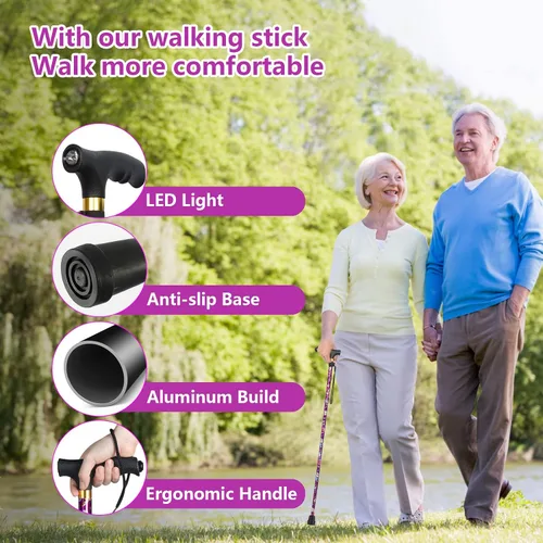 Vista 5 de Cane for Women with LED Light, Folding Walking Cane for Men and Seniors, Lightweight Collapsible Aluminium Cane, 5-Level Height Adjustable Walking