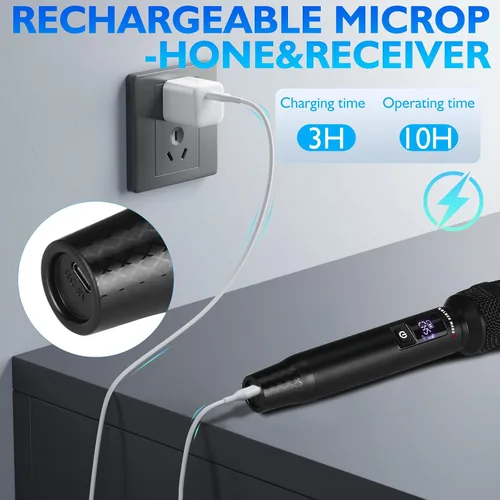 Vista 4 de Micrófono inalámbrico, 2.4 GHz Pro AI Auto Match Canales Recargables Paquete de 2 Micrófonos con Recepción estable de hasta 300 pies para cantar