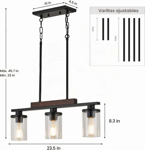 Vista 2 de Lámpara de Isla de Madera para Cocina/Restaurante, Accesorio de Comedor Estilo Granja de 3 Luces/Candelabro Sobre Mesa/Bar, Accesorios