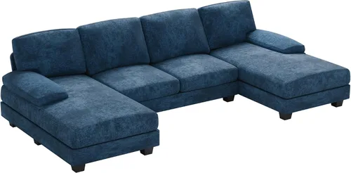 Vista 7 de Furniwell Sofá modular convertible de 4 asientos para sala de estar, sofá modular de tela moderna en forma de U, con diván doble y espuma Azul