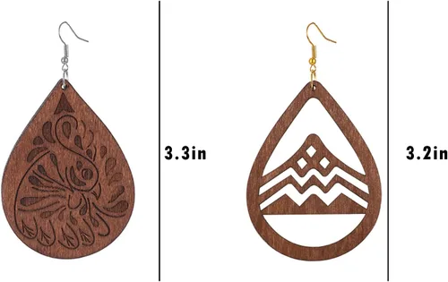 Vista 6 de Aretes de lágrima de madera, 2 pares de aretes colgantes de madera natural, regalos para mujeres y niñas