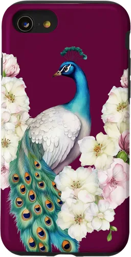 Vista 18 de iPhone 16 Peacock Bird with Long Feathers Watercolor Flowers Case