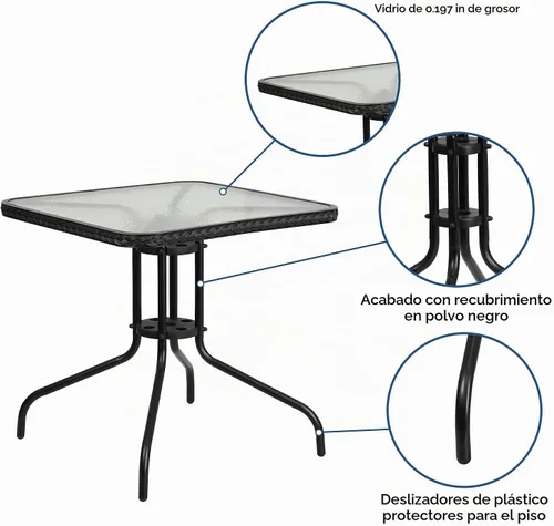 Vista 4 de Muebles Flash de 28 pulgadas tabla de cristal moderada cuadrada del metal con el borde de ratán negro Ribete de ratán negro