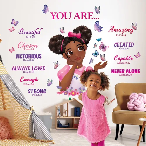 Vista 2 de DECOWALL SG2-2315 Pegatinas de Pared Black Girl Magic Calcomanías Dormitorio de Niñas Mariposa Habitación de Niños Arte Decoraciones para Niños