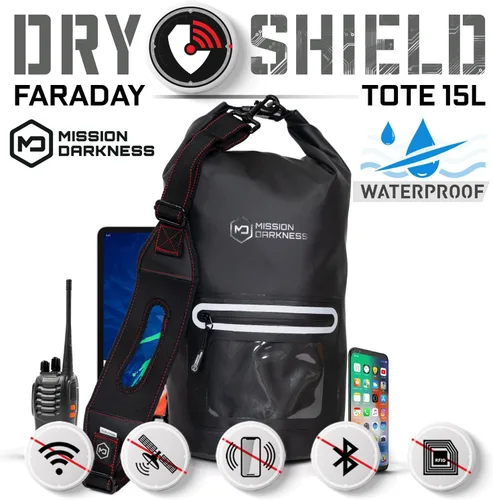 Vista 2 de Mission Darkness Dry Shield Faraday Tote 15L/ Bolsa seca impermeable para seguridad y transporte de dispositivos electrónicos, bloqueo de señal