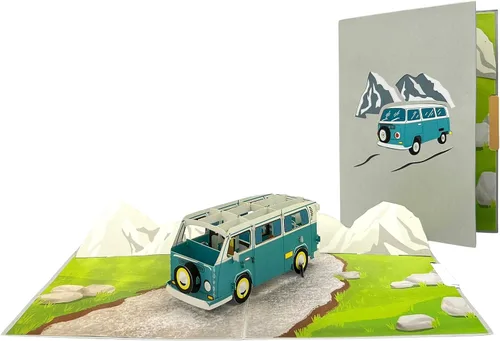 Vista 2 de Tarjeta de felicitación Pop Up Camper Van – Aventura al aire libre, amante de la naturaleza, día del padre, regalo para papá, viaje por carretera