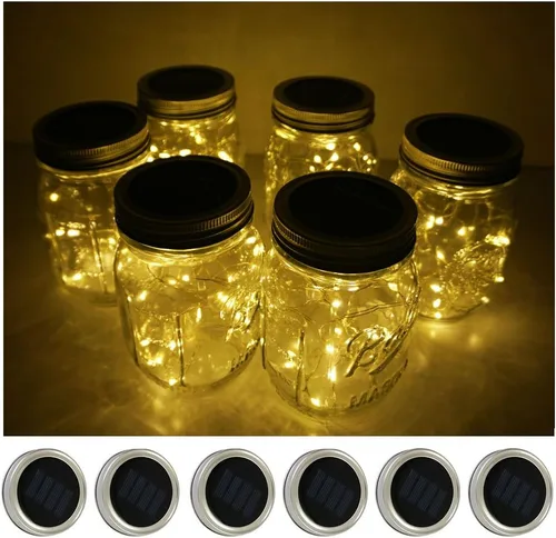 Vista 8 de Juego de 6 luces solares para tapa de tarro, paquete de 20 luces LED impermeables con diseño de estrella de hadas y luciérnaga, para decoración