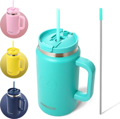 Vista 7 de FAHRMOSIS Vaso de 40 onzas con asa y pajita, taza aislada que cabe en el portavasos para bebidas frías y calientes, vaso a prueba de fugas
