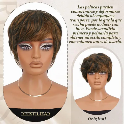 Vista 3 de RUWISS Peluca de cabello humano con corte Pixie, pelucas cortas para mujeres negras con flequillo, peluca natural en capas, sin pegamento, # 1B/30