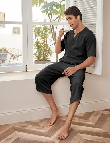 Vista 3 de COOFANDY Conjunto de 2 piezas de lino para hombre camisa Henley de manga corta y pantalones capri harén de pierna ancha pantalones de yoga