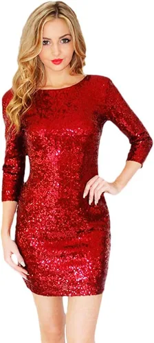 Vista 3 de Vestido de fiesta para mujer, manga 34, cuello en V, lentejuelas, brillante, glamuroso, vestido de fiesta, cóctel, con purpurina, entallado, boda