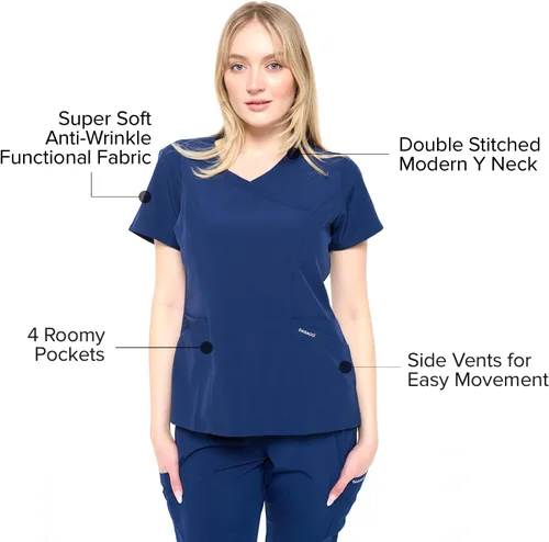 Vista 3 de Dagacci Medical Uniform Conjunto de uniforme médico elástico en 4 direcciones con cuello en Y para mujer