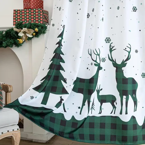 Vista 4 de Cortinas navideñas para sala de estar, cortina de ciervo de Navidad a rayas tartán, bolsillo para barra, cortinas decorativas para dormitorio