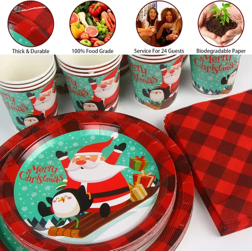 Vista 2 de DIYASY Platos y servilletas de papel de Navidad, paquete de 96 platos desechables, platos de cena de postre de Navidad resistentes a granel para 24