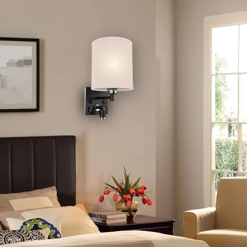 Vista 5 de LEDMyplace - Apliques de pared LED de 1 luz, lámpara de interior para sala de estar con puertos USB y tomacorriente, base E26, cuerpo de hierro