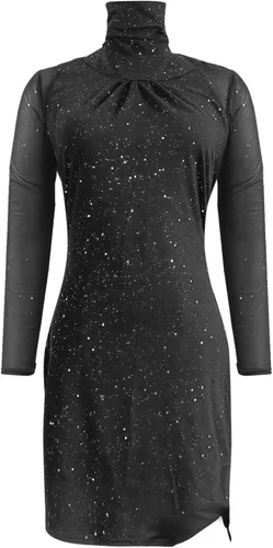 Vista 3 de Vestido de fiesta con cuello alto y purpurina para mujer sexy con dobladillos divididos de malla de contraste cuello alto manga larga