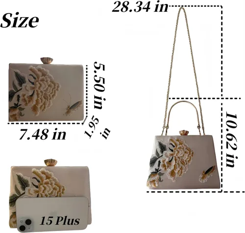 Vista 4 de Bolso bordado de seda para mujer, bolso de hombro rectangular, bolso cruzado para banquete de boda