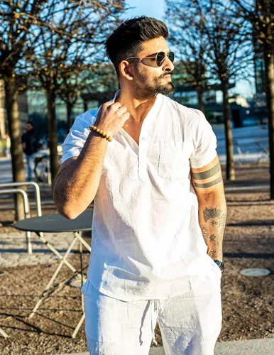 Vista 3 de COOFANDY - Camisetas henley de algodón y lino para hombre, manga corta, con bolsillo, de estilo hippie, informal, para la playa