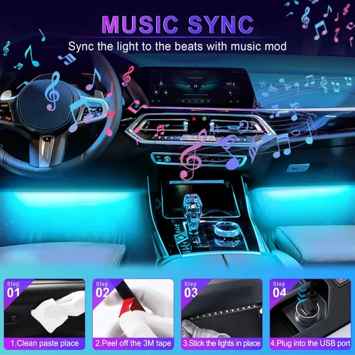 Vista 5 de LivTee Luces Interiores de Acento para Auto, Luces Interiores Inteligentes para Auto con Control de Aplicación, Luces LED RGB con Modo de Música