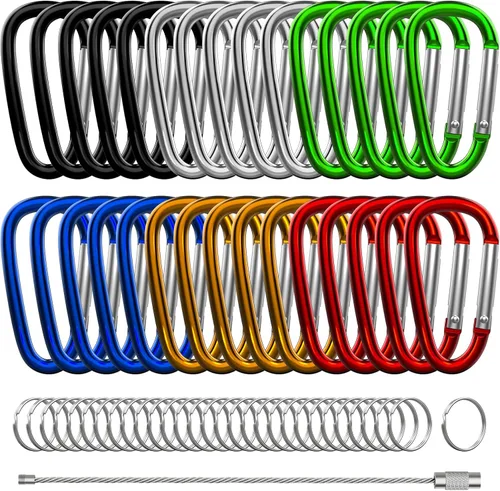 Vista 10 de 30 piezas de mosquetones de aluminio, mosquetones de resorte en forma de D de 2" con 30 llaveros de gancho para llavero