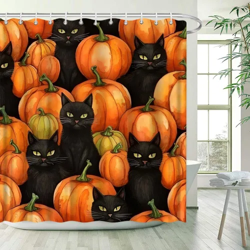 Vista 3 de Cortina de ducha de Halloween, gato negro en la calabaza, otoño, día de Acción de Gracias, cosecha, granja, decoración de baño, cortinas de 47 x 63