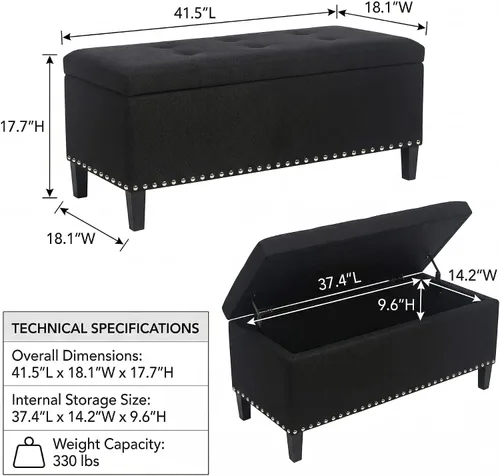 Vista 2 de otomana con almacenamiento de 41 pulgadas, banco otomano grande de almacenamiento para dormitorio Tufted Cotton Linen Bench with Nailhead Trim End