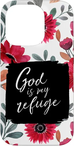 Vista 17 de God is My Refuge - Carcasa para iPhone 16, diseño de flores rojas con versículo bíblico del Salmo 91