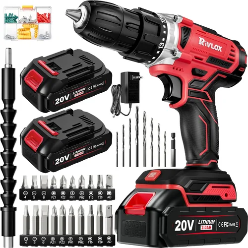 Vista 9 de Juego de taladro inalámbrico, 21+1 par de torsión, taladro eléctrico de 20 V con batería de 2000 mAh y cargador de 2 A, equipado con portabrocas sin