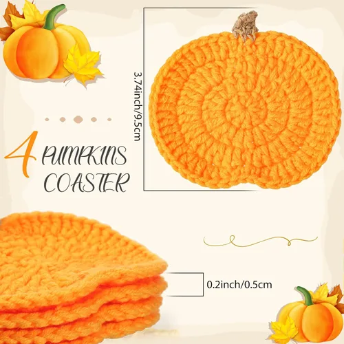Vista 2 de Irenare 4 posavasos de calabazas de ganchillo para decoración de Halloween