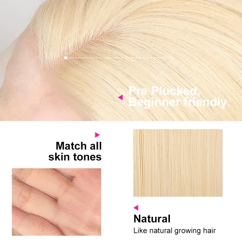 Vista 5 de QD-Tizer Peluca de cabello rubio con encaje frontal, peluca larga y lacia, cabello natural, resistente al calor, fibra sintética, encaje frontal