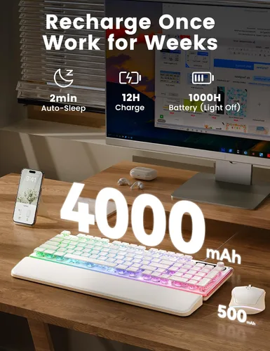 Vista 4 de Combo de teclado y mouse inalámbricos, 9 efectos retroiluminados, reposamuñecas, teclas de doble disparo, panel de metal, recargable de larga Blanco