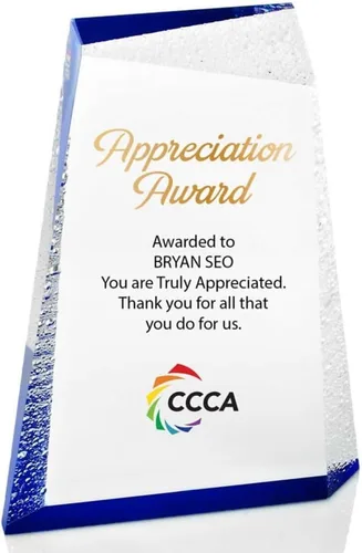 Vista 2 de Baudville Custom Acrylic Glacier Trophy, Medium, Blue Water Droplet Design, Full Color Personalized Award with Logo, Recognition Trophy for Employee