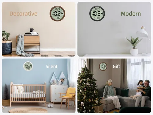 Vista 13 de Reloj de pared digital con fecha, temperatura interior, DST automático, reloj digital a batería, reloj de pared pequeño de madera decorativo de 8
