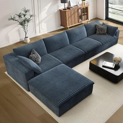Vista 75 de 118" Cloud Couch Oversized Modular Sectional Sofa, Boneless L-Shaped 6 Seater Deep Seat Couch with Ottoman, Soft Corduroy Upholstery, DIY Negro