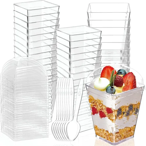Vista 9 de Hiasobre Paquete de 100 vasos de postre de plástico transparente de 5 onzas con tapas y cucharas, tazas cuadradas reutilizables para aperitivos