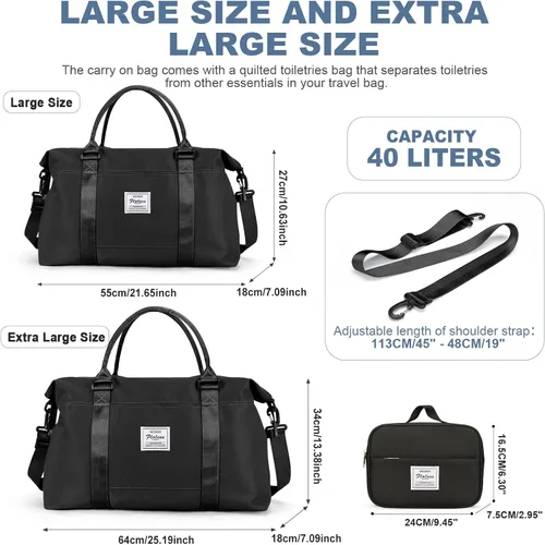 Vista 2 de Bolsas de lona de viaje, bolsa de fin de semana para mujer con bolsillo húmedo y bolsa de aseo personal, bolsa de viaje para gimnasio, Negro