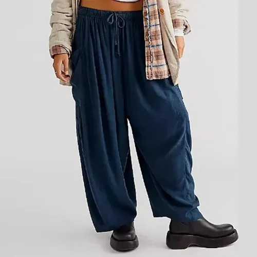 Vista 3 de Quinn - Pantalones de lino para mujer, talla grande, de pierna ancha, con bolsillos, holgados, hippie, harén, bohemios, para playa