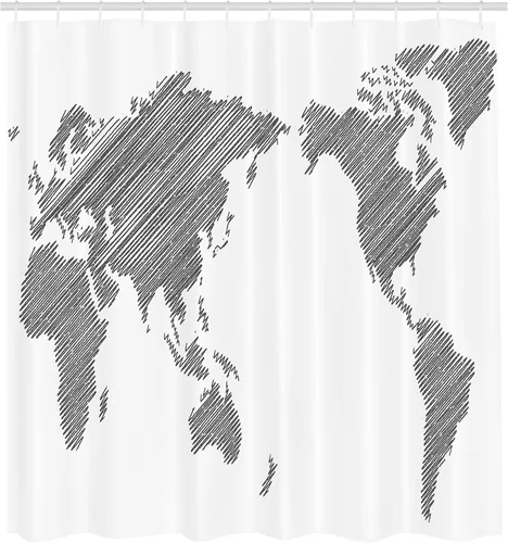 Vista 2 de Ambesonne Cortina de ducha con mapa del mundo, diseño de continentes a rayas, cartografía, geografía, países en todo el mundo, juego de decoración