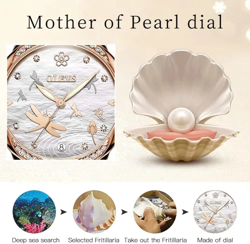 Vista 3 de OLEVS Relojes automáticos para mujer, mecánico, esfera de corazón, esfera de corazón, oro rosa, banda de cerámica, impermeable, luminoso, fecha