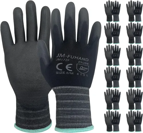 Vista 9 de Guantes de trabajo de seguridad ultrafinos con revestimiento de poliuretano (poliuretano), 12 pares, ideales para trabajos ligeros (gris, pequeño)