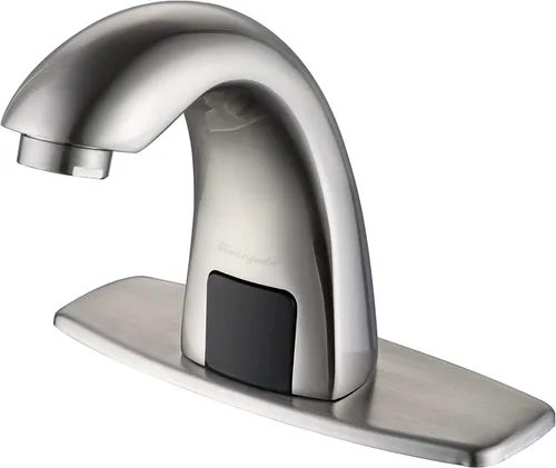 Vista 11 de Charmingwater Grifo de lavabo de baño sin contacto, grifo con sensor automático de movimiento con placa de cubierta de agujero, oro cepillado